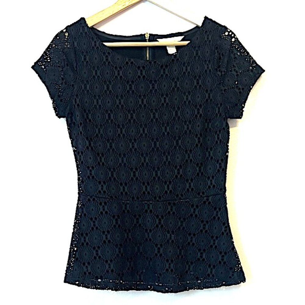 Banana Republic Lace Peplum Short Sleeve Top Sz 2 Black Office Party Whimsigoth